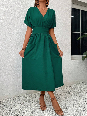 Women's V-Neck Belted Casual Summer Dress With Pockets