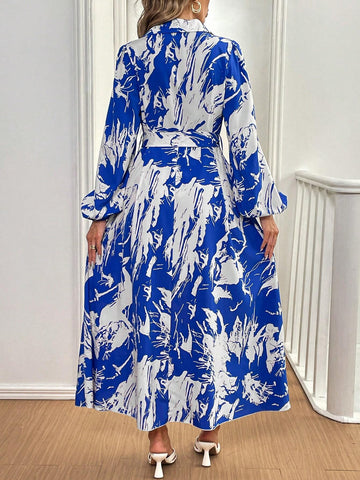 Women's V-Neck Long Sleeve All-Over Print Tie-Waist Elegant Graceful Loose Dress
