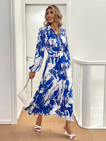 Women's V-Neck Long Sleeve All-Over Print Tie-Waist Elegant Graceful Loose Dress