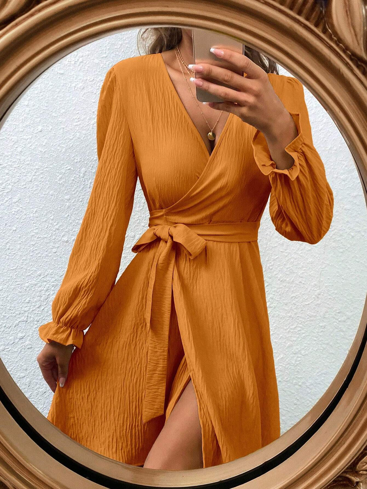 Women's V-Neck Tie Waist Long Sleeve Dress, Ideal For Music Festival And Casual Occasions