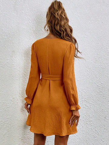 Women's V-Neck Tie Waist Long Sleeve Dress, Ideal For Music Festival And Casual Occasions