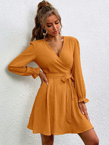 Women's V-Neck Tie Waist Long Sleeve Dress, Ideal For Music Festival And Casual Occasions