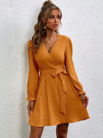 Women's V-Neck Tie Waist Long Sleeve Dress, Ideal For Music Festival And Casual Occasions