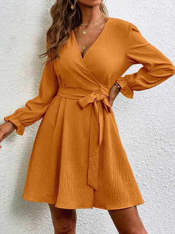 Women's V-Neck Tie Waist Long Sleeve Dress, Ideal For Music Festival And Casual Occasions