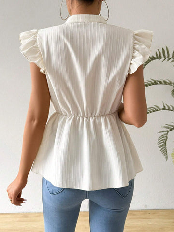 Essnce Women's Vacation Floral Pattern Notched V-Neck Cap Sleeve Top With Ruffle Hem, Casual Shirt