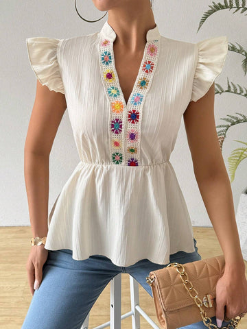 Essnce Women's Vacation Floral Pattern Notched V-Neck Cap Sleeve Top With Ruffle Hem, Casual Shirt