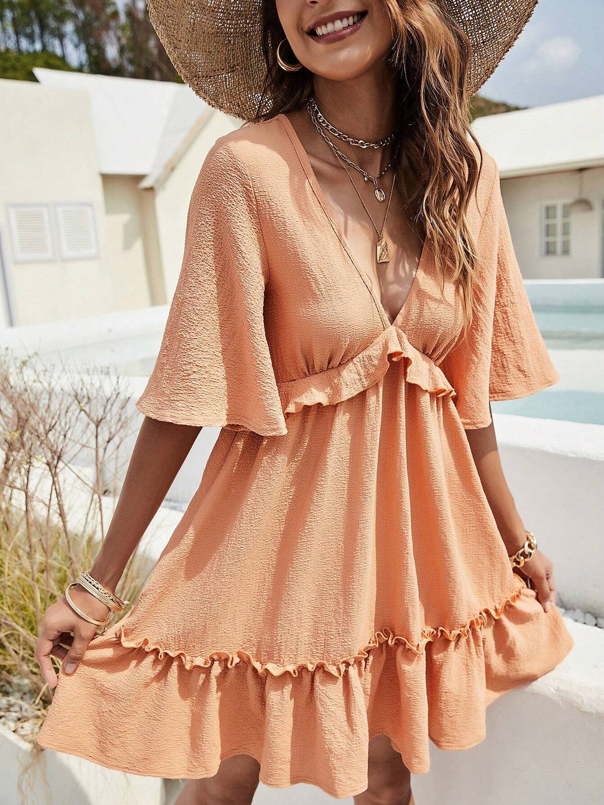Women's Vacation Leisure Solid Color Ruffle Edge Bell Sleeve Dress SKU: sz2405074503396626