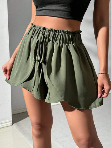 Essnce Women's Vacation Solid Color Ruffle Edge Drawstring Wrap Loose Shorts