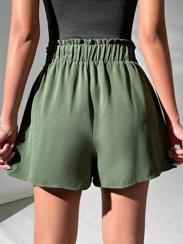 Essnce Women's Vacation Solid Color Ruffle Edge Drawstring Wrap Loose Shorts