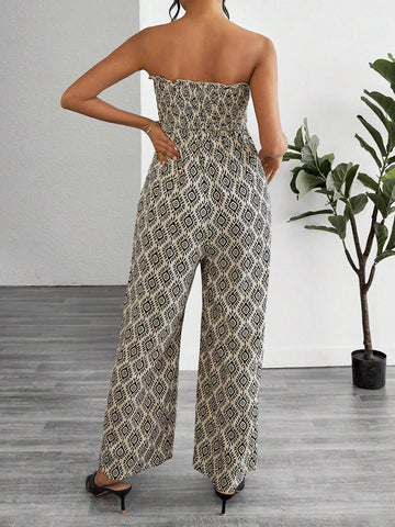 Women's Vacation Style Allover Print Strapless Jumpsuit, Perfect For Casual Outings
