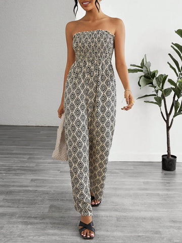 Women's Vacation Style Allover Print Strapless Jumpsuit, Perfect For Casual Outings