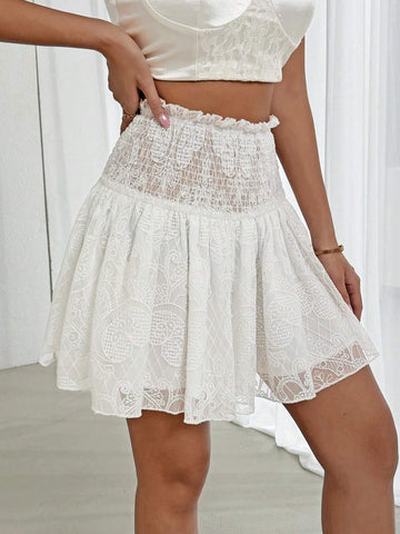 Essnce Women's White Lace A-Line Skirt With Gathered Waist, Summer