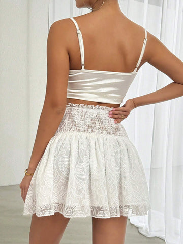 Essnce Women's White Lace A-Line Skirt With Gathered Waist, Summer