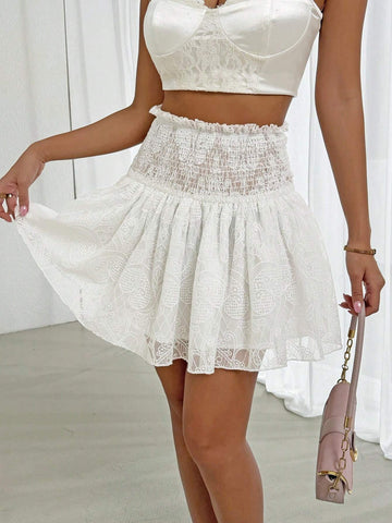 Essnce Women's White Lace A-Line Skirt With Gathered Waist, Summer