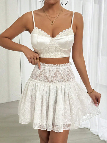 Essnce Women's White Lace A-Line Skirt With Gathered Waist, Summer