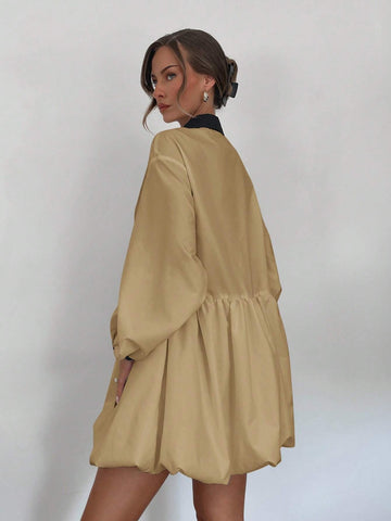 Women's White Ruched Button-Up Shirt Dress With Long Sleeves, Mini Length
