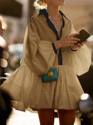 Women's White Ruched Button-Up Shirt Dress With Long Sleeves, Mini Length