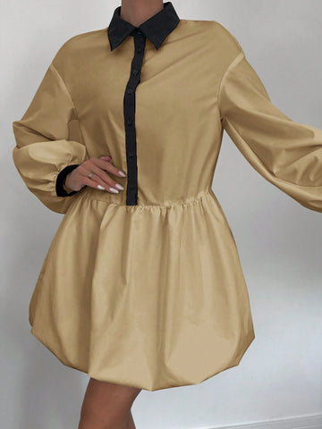 Women's White Ruched Button-Up Shirt Dress With Long Sleeves, Mini Length
