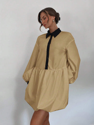 Women's White Ruched Button-Up Shirt Dress With Long Sleeves, Mini Length