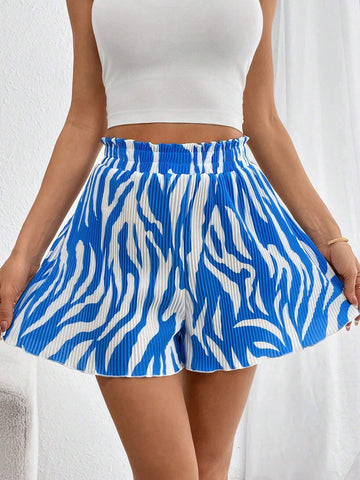 Essnce Women's Zebra Print Loose Fit Casual Shorts With Scalloped Waist