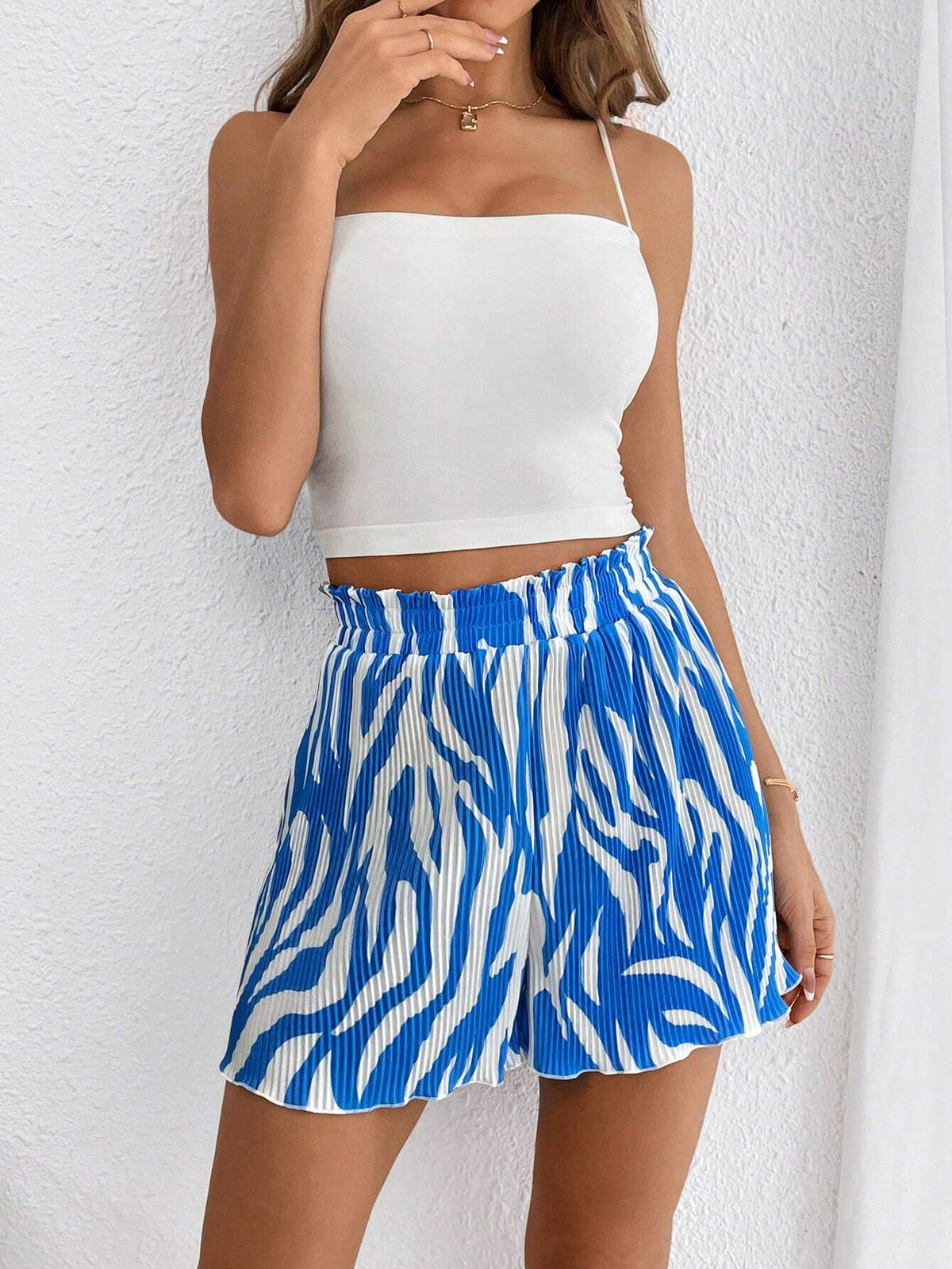 Essnce Women's Zebra Print Loose Fit Casual Shorts With Scalloped Waist