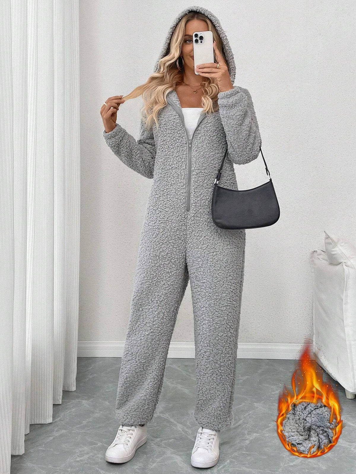 Women's Zip-Up Plush Hooded Long Sleeve Jumpsuit Loungewear For Fall/Winter