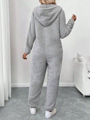 Women's Zip-Up Plush Hooded Long Sleeve Jumpsuit Loungewear For Fall/Winter