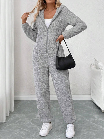 Women's Zip-Up Plush Hooded Long Sleeve Jumpsuit Loungewear For Fall/Winter