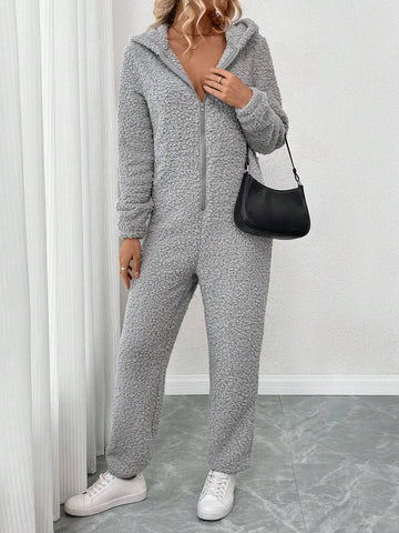 Women's Zip-Up Plush Hooded Long Sleeve Jumpsuit Loungewear For Fall/Winter