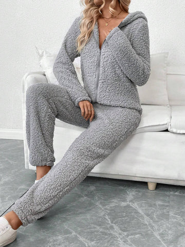 Women's Zip-Up Plush Hooded Long Sleeve Jumpsuit Loungewear For Fall/Winter