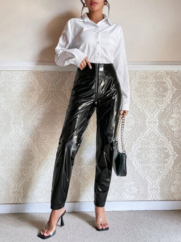 Essnce Zipper Fly PU Leather Pants