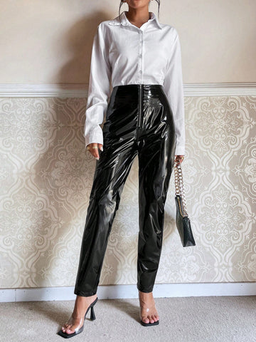 Essnce Zipper Fly PU Leather Pants