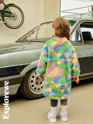 Explorewe Toddler Girls City Leisure Style Stand Collar Long Sleeve Double-Sided Fleece Geometric Pattern Dress,