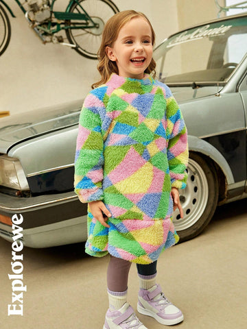 Explorewe Toddler Girls City Leisure Style Stand Collar Long Sleeve Double-Sided Fleece Geometric Pattern Dress,