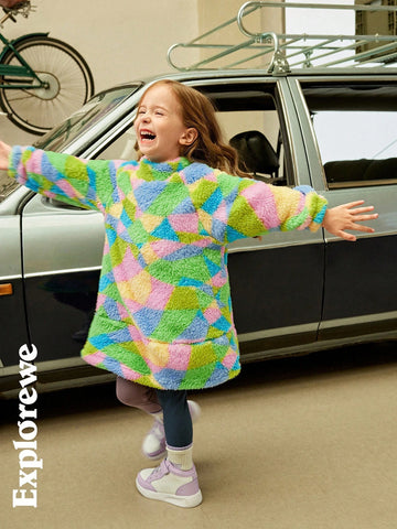 Explorewe Toddler Girls City Leisure Style Stand Collar Long Sleeve Double-Sided Fleece Geometric Pattern Dress,