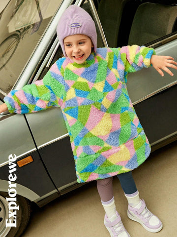 Explorewe Toddler Girls City Leisure Style Stand Collar Long Sleeve Double-Sided Fleece Geometric Pattern Dress,