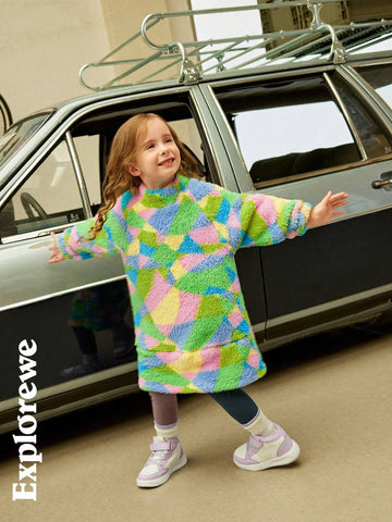 Explorewe Toddler Girls City Leisure Style Stand Collar Long Sleeve Double-Sided Fleece Geometric Pattern Dress,