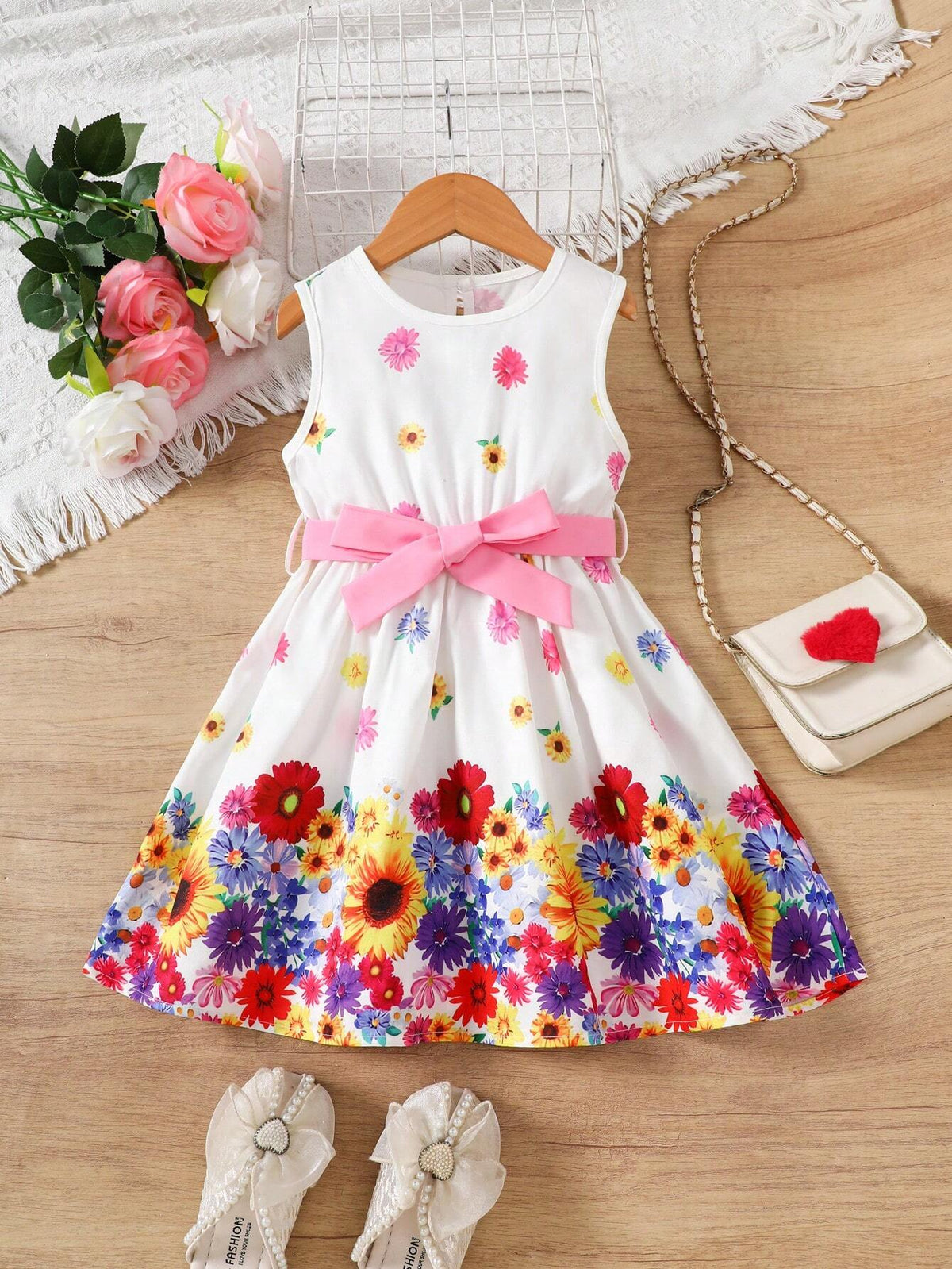Floral Print Cute Sleeveless Round Neck Dress For Young Girls