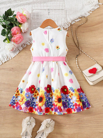 Floral Print Cute Sleeveless Round Neck Dress For Young Girls