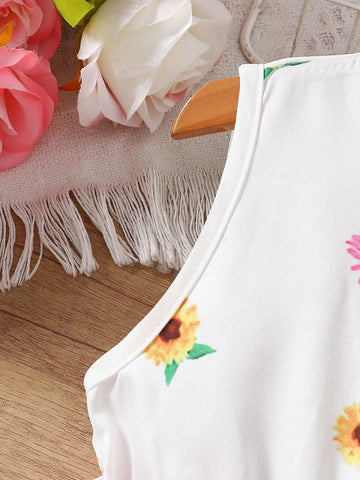 Floral Print Cute Sleeveless Round Neck Dress For Young Girls