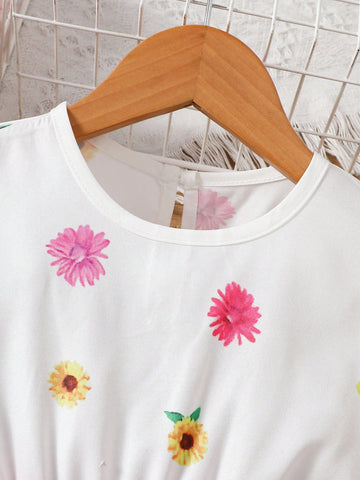 Floral Print Cute Sleeveless Round Neck Dress For Young Girls