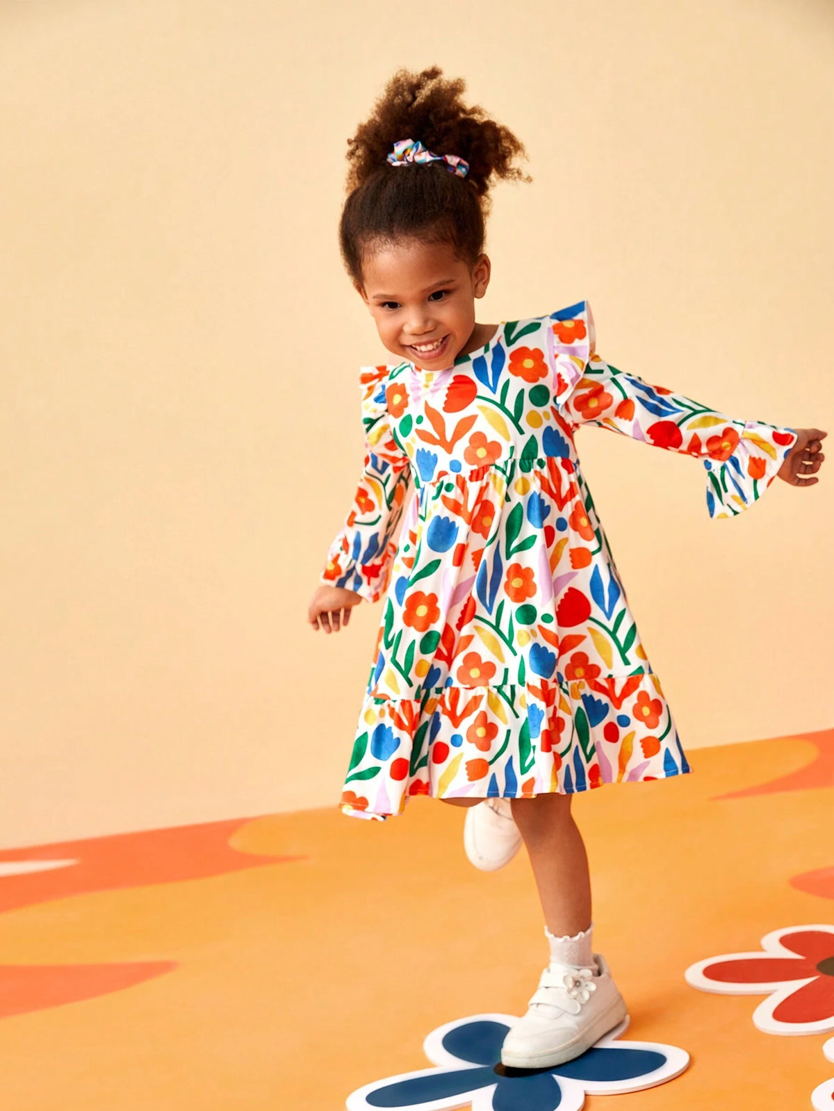Floral Print Dress For Young Girls , Colorful And Casual, Suitable For Spring And Autumn Trendy Wear