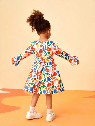 Floral Print Dress For Young Girls , Colorful And Casual, Suitable For Spring And Autumn Trendy Wear