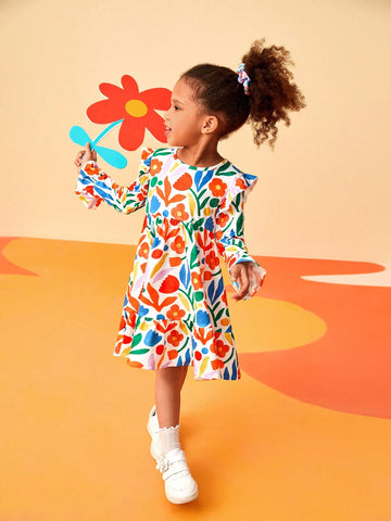 Floral Print Dress For Young Girls , Colorful And Casual, Suitable For Spring And Autumn Trendy Wear