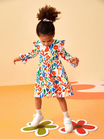 Floral Print Dress For Young Girls , Colorful And Casual, Suitable For Spring And Autumn Trendy Wear