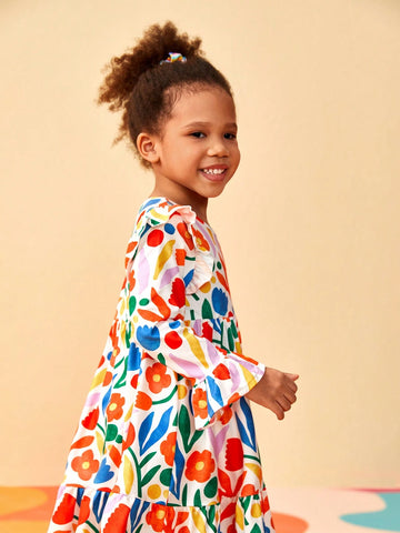 Floral Print Dress For Young Girls , Colorful And Casual, Suitable For Spring And Autumn Trendy Wear
