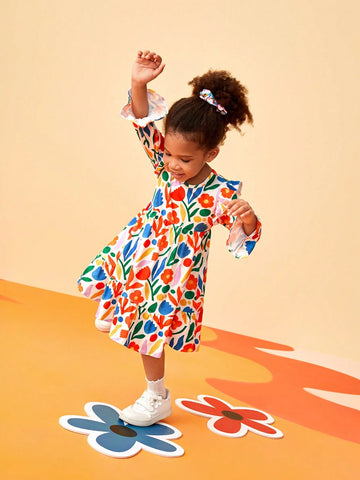 Floral Print Dress For Young Girls , Colorful And Casual, Suitable For Spring And Autumn Trendy Wear