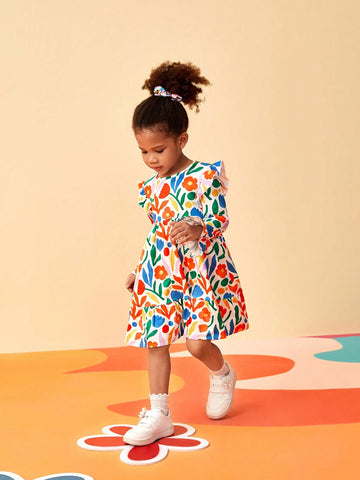 Floral Print Dress For Young Girls , Colorful And Casual, Suitable For Spring And Autumn Trendy Wear
