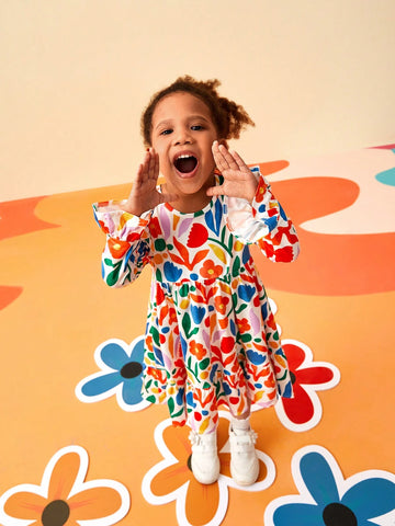Floral Print Dress For Young Girls , Colorful And Casual, Suitable For Spring And Autumn Trendy Wear