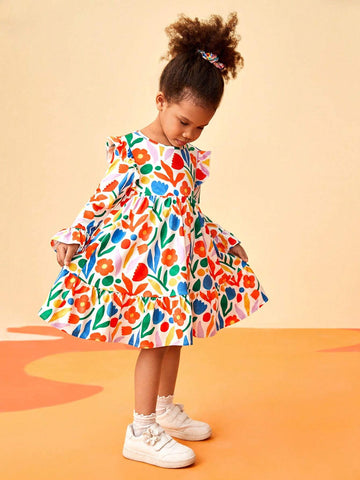 Floral Print Dress For Young Girls , Colorful And Casual, Suitable For Spring And Autumn Trendy Wear